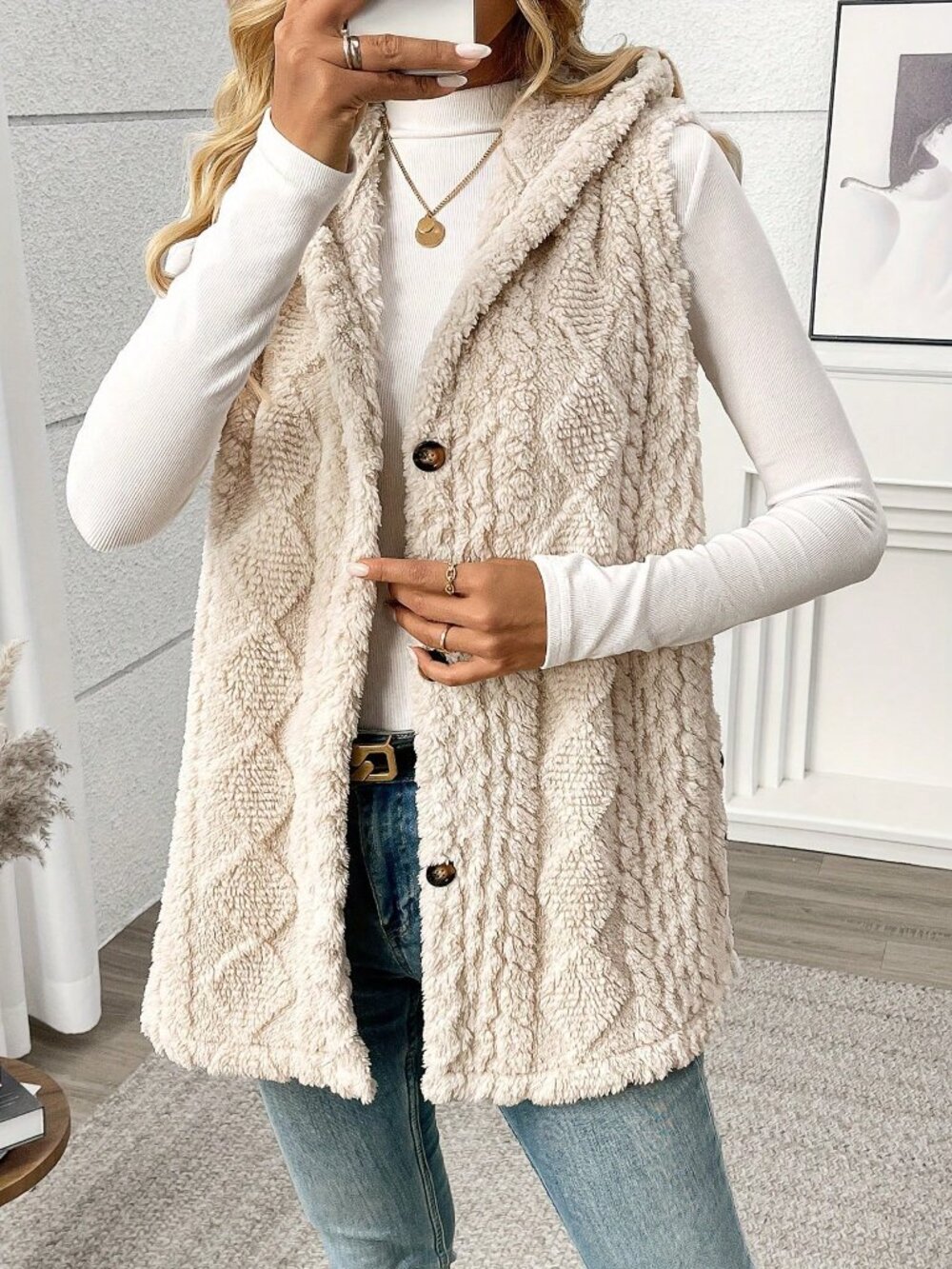 Apricot Casual Women's Sleeveless Hooded Fleece Jacket